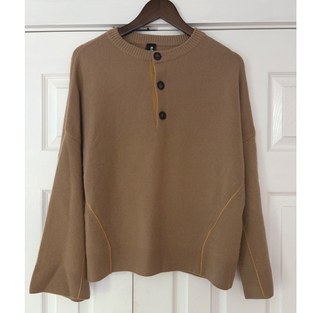 NAADAM 100% Cashmere Henley Sweater Tan Camel Yellow Piping Small S New Sample